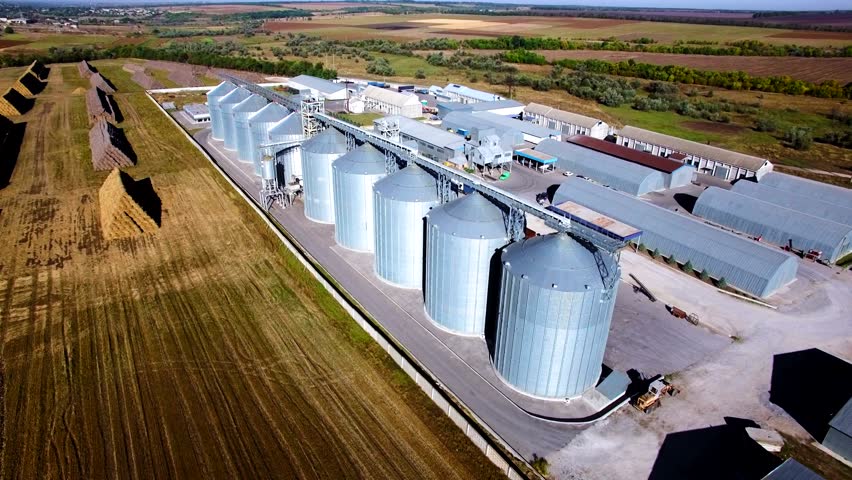 Aerial view of big grain elevators