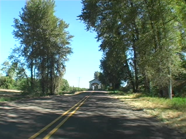 Driving over an old covered bridge in Linn county, Oregon