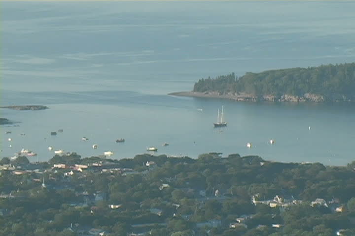 Zoom-out of Bar Harbor located inside Acadia National Park in Maine.