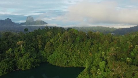 Khao Sok National Park. Thailand. Aerial view of mountains and lakes. Flying above the clouds and on the lake. (thai 2015)