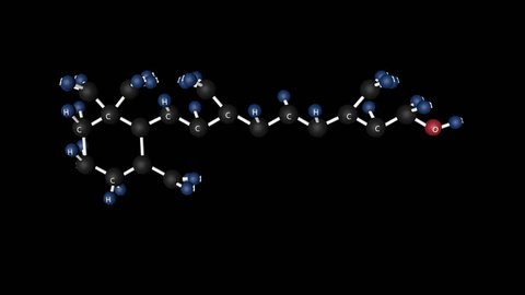 Vitamin A molecular structure. Molecular structure of vitamin A, retinol. 3D animation. Alpha channel.
