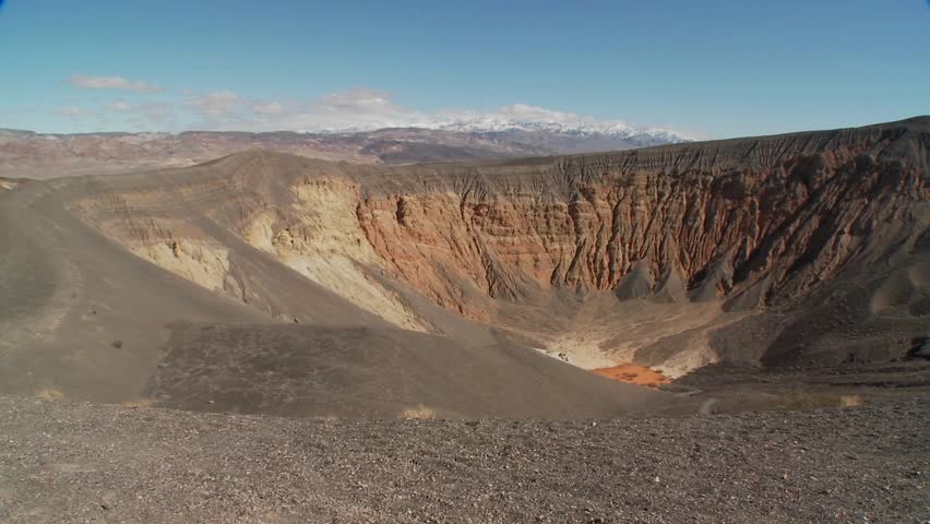 Pan across a volcanic crater in Death Valley National Park.