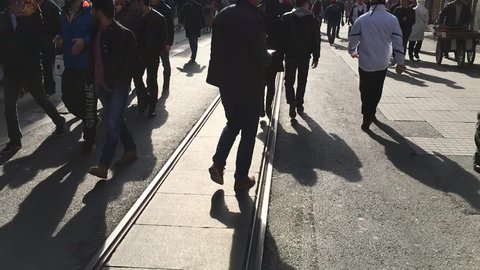 ISTANBUL - January 30 : Taksim Istiklal Street at eventide on January 30, 2016 in Istanbul, Turkey.
