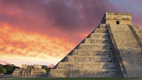 mayan ruins of chichen itza at sunset kukulcan temple dolly lateral movement