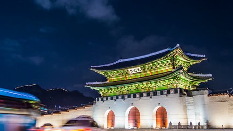 Time lapse of Gyeongbokgung palace and traffic at night in Seoul,South korea.