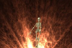 female skeleton walking against a fire background