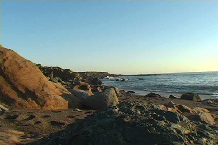 Moonstone beach on the California coast at sunset; famous for its polished