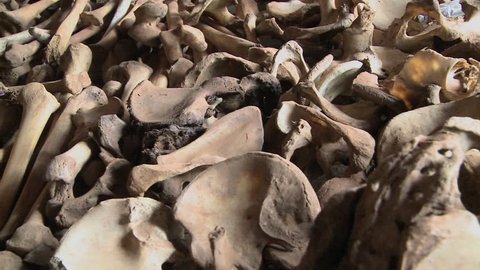 Bones lie in display in a church in Rwanda following the genocide there.