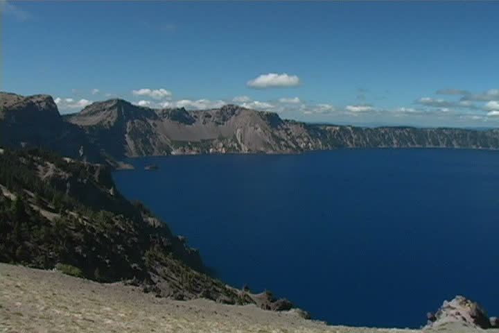 Pan of Crater Lake in Oregon.