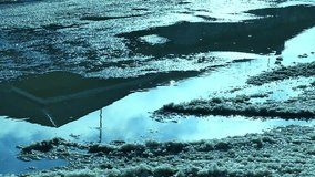 cars drive  through puddles movement of traffic and snow Spring video slow motion