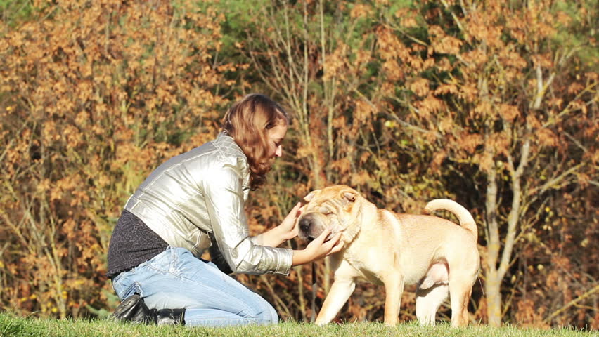 teen girl playing with dog in autumnal park
