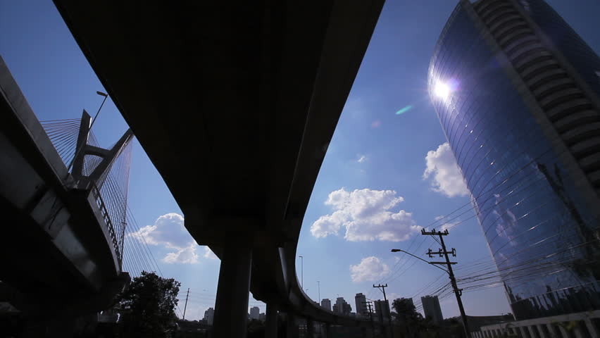 Ponte Estaiada Bridge. Pinheiros River, Sao Paulo, Brazil. Traffic.
