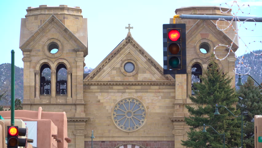 Static shot of Cathedral Basilica of St. Francis of Assisi in Santa Fe, New Mexico -Long Shot-