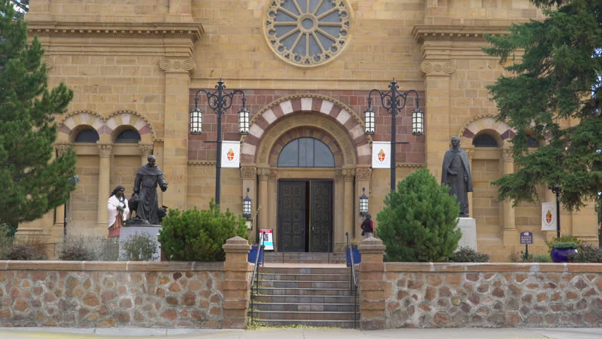 Tilt up shot of Cathedral Basilica of St. Francis of Assisi in Santa Fe, New Mexico