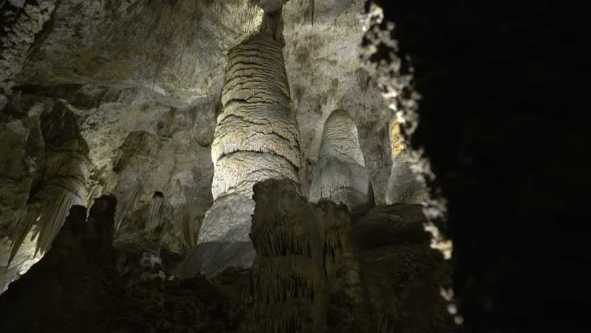 Motion controlled dolly shot with dolly left and pan left motion of Hall of the White Giant in Carlsbad Caverns National Park in New Mexico Royalty-Free Stock Footage #14875627