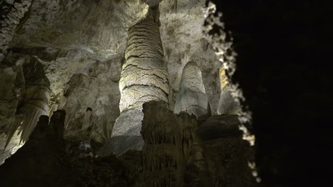 Motion controlled dolly shot with dolly left and pan left motion of Hall of the White Giant in Carlsbad Caverns National Park in New Mexico