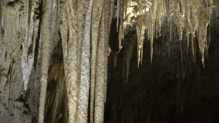 Motion controlled dolly shot with dolly right motion of stalactites in Carlsbad Caverns National Park in New Mexico