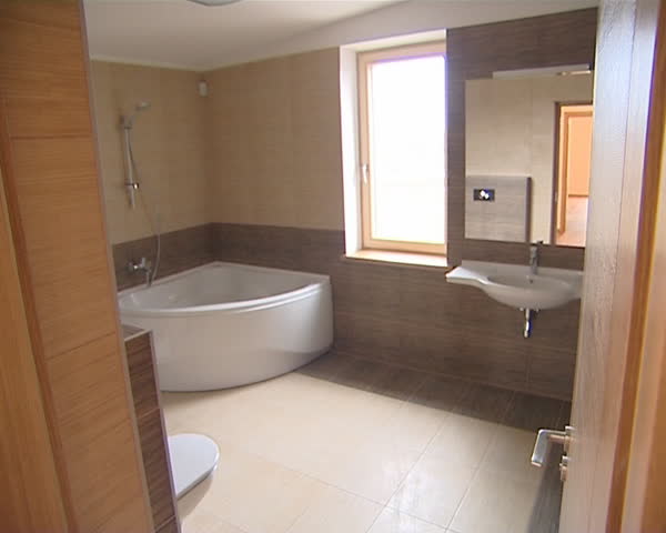 Details of modern new house. Bathroom and wooden stairs down. 