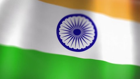 Close Up Flag of the Republic of India. An animated Indian Flag close up waving with light and flares. Camera moves slowly with sharpness relocation. The capital is New-Deli. 