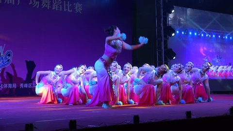 GUILIN, CHINA - 23 SEPTEMBER 2015: Chinese cheerleaders take part in a dance competition in Guilin