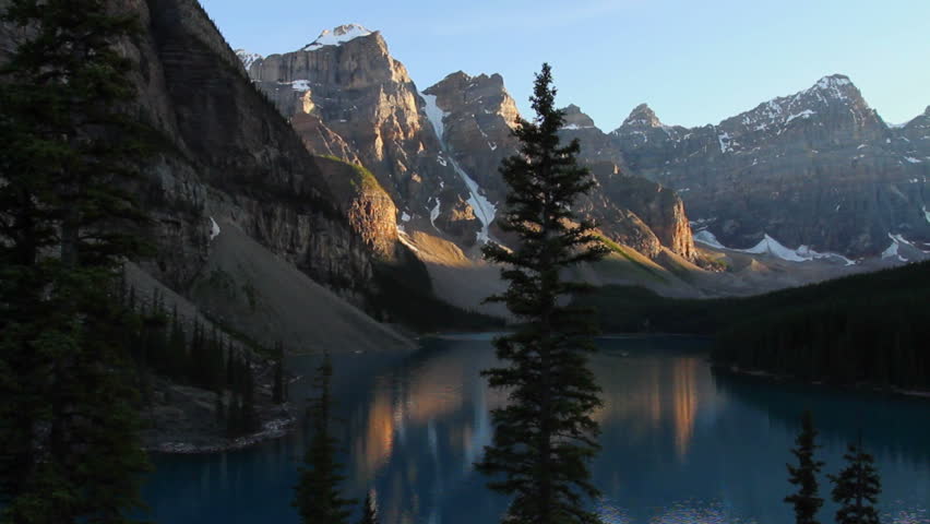 Evening light at Moraine Lake in Banff National Park, Canada pan