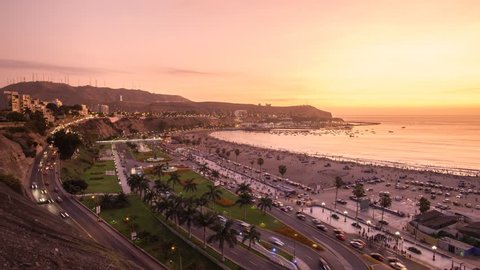 LIMA, PERU - CIRCA 2016: Timelapse in Agua Dulce beach at the sunset circa 2016 in Lima, Peru.