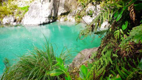 Blue Pools in Mount Aspiring National Park, New Zealand. Medium shot.