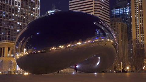CHICAGO, ILLINOIS - CIRCA JANUARY 2016: Downtown Millennium Park Bean at night, taken in 4k/UHD resolution, in Chicago, Illinois.