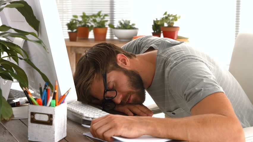 Side view close up of Caucasian casual businessman sleeping on desk in office Royalty-Free Stock Footage #14954101