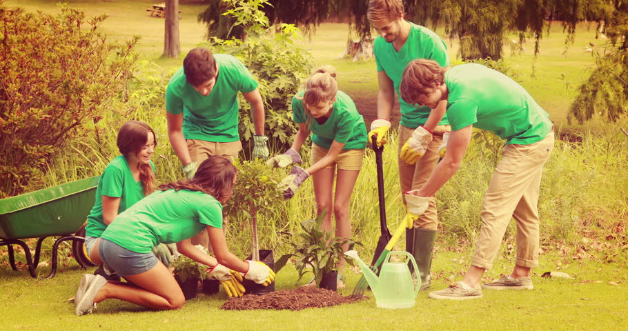Happy friends gardening for the community on a sunny day
