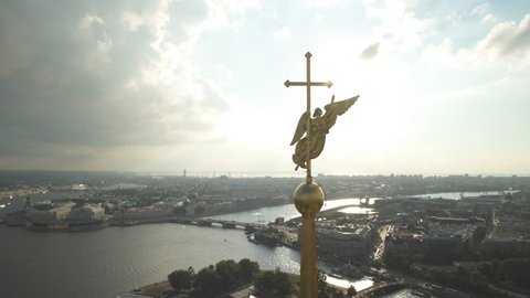 Beautiful aerial view on the center of summer Saint Petersburg city through the Angel of Peter and Paul Cathedral
