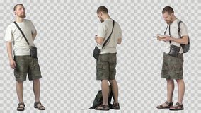 Young tourist in khaki shorts. Three clips in one. Footage with alpha channel. File format - mov. Codeck - PNG+Alpha