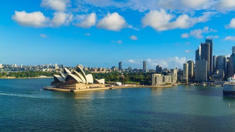 SYDNEY - FEB 21 : 4K timelapse sky view of Sydney Opera House with movement of ferries on Feb 21, 2016 in Sydney Australia.