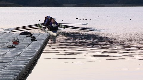 OAK VIEW, CA - CIRCA 2009: Eight person rowing sweep and double scull on Lake Casitas circa 2009 in Oak View, California. Lake Casitas is an artificial lake in the Los Padres National Forest of Ventura County, California. 