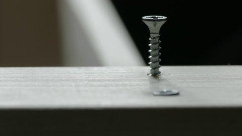 Ungraded: DIY furniture assembly. Craftsman drives the screw into the untreated unpainted wooden board with an electric powered screwdriver. Macro close-up. Source: Lumix DMC, ungraded. (av26033u)