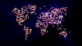Loopable: Digital World Map / Technology Abstract. Futuristic color world map made of shiny dots with blue moving light rays. (av23613c)