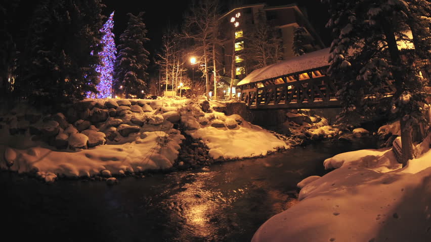 Night time lapse of Gore Creek flowing through Vail, Colorado.