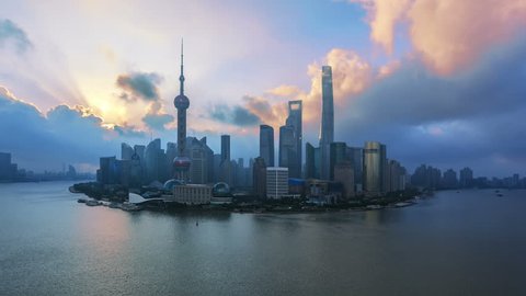 4K (4096x2304) , Aerial View of China Shanghai Skyline and Huangpu River at Sunrise.  - >>> Please search similar: " ShanghaiSkyline " .