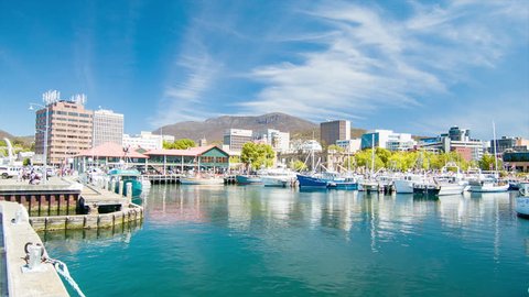 HOBART, TASMANIA - 2016: Harbour Marina on a Sunny Day in Australia with Mount Wellington in the Background