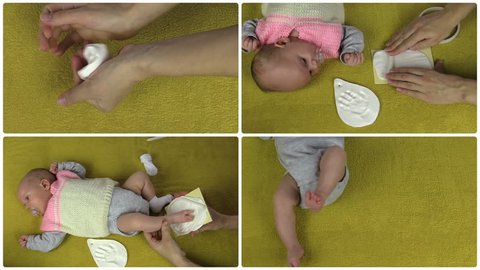 Mother hands making small newborn baby footprint footmark palm mark on special material. Montage of video clips collage. Split screen. White round corner frame.