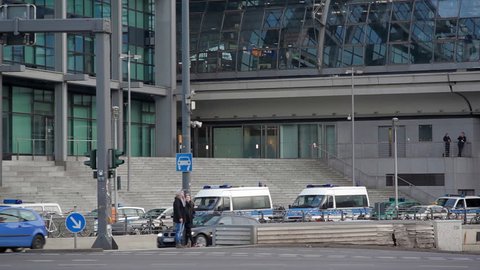 GERMANY - CIRCA FEBRUARY 2016 - Police car vans parked, Berlin Central train station, high security, Germany