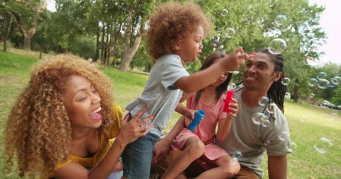 Young african-american family spending their weekend away at a breathtakingly beautiful green meadow, blowing bubbles and laughing together happily.