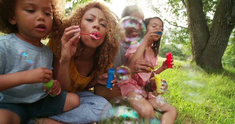 Cute african-american family sitting in a gorgeous picturesque park while playing with their kids and blowing bubbles on a beautiful sunny afternoon स्टॉक वीडियो