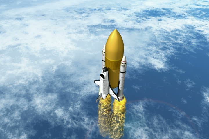 Shuttle flying into space with detaching boosters NTSC interlaced