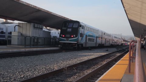 LOS ANGELES - March 2, 2016: Wide view of train leaving LA Union Station platform