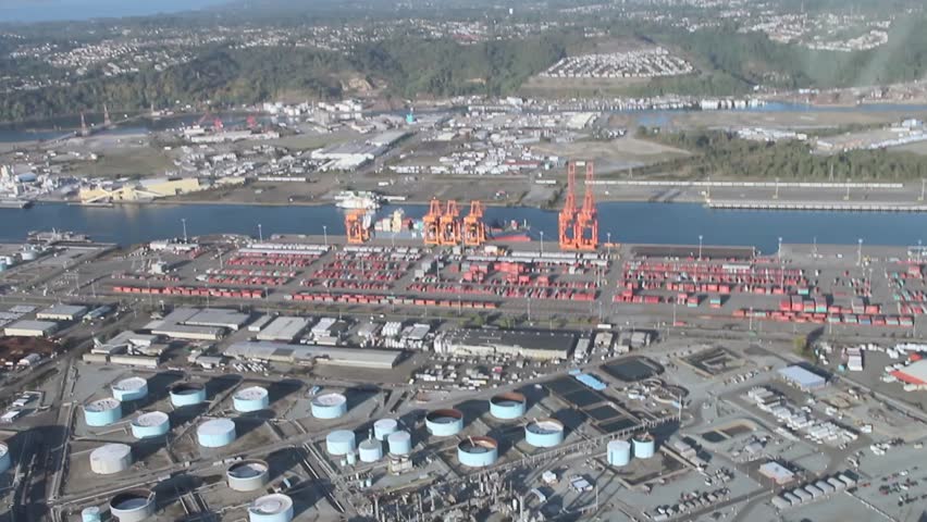 Aerial view above the Port of Tacoma and bay in Washington