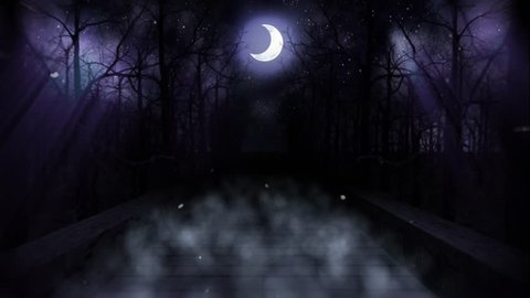 Seamless animation of camera zooming through the scary dark road path of foggy night wood with dead trees and crescent moon with glittering star in horror concept in 4k ultra HD loop
