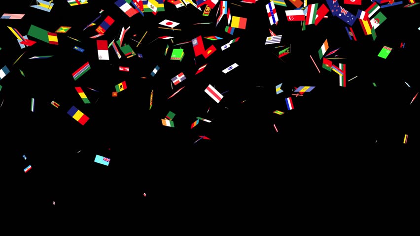 Computer generated animation of international flags falling as confetti on a