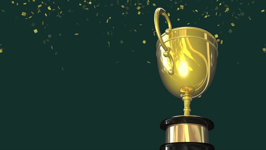 Computer generated animation of a golden winner's trophy cup against confetti.