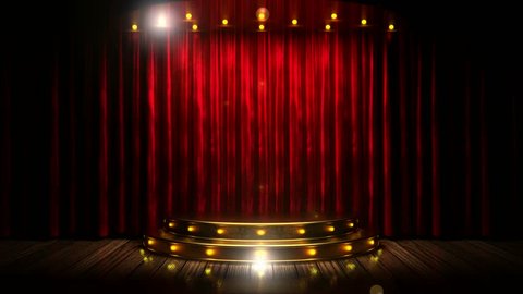 red curtain stage with golden podium and loop lights Stockvideó